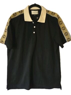 Gucci Black Polo with Beige Logo Shoulder Trim Size Large